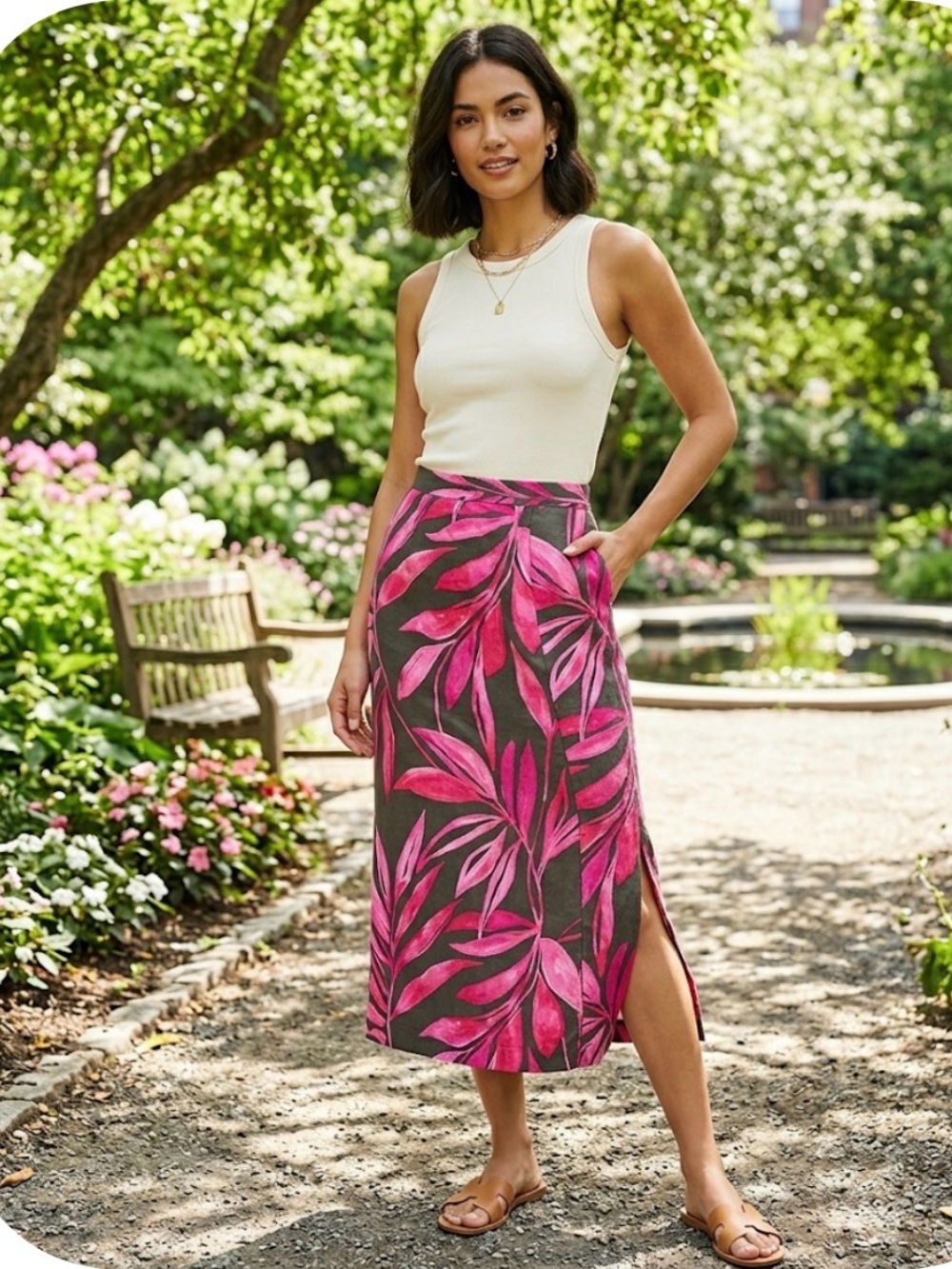 Time and Tru Pink Palm Tropical Linen Blend Skirt Midi Resort Beach Botanical S